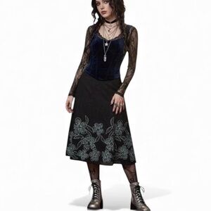 Anna Ocean Skirt Black Aqua Floral Embroidered Midi A-Line SZ S Whimsigoth Fairy